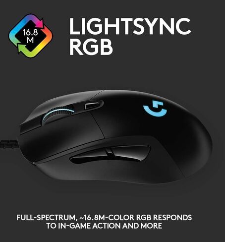 Logitech G403 Hero 25K Gaming Mouse, Lightsync RGB, Lightweight 87G+10G optional, Braided Cable, 25, 600 DPI, Rubber Side Grips, Black, 4.9" x 2.7" x 1.7" in Saudi Arabia