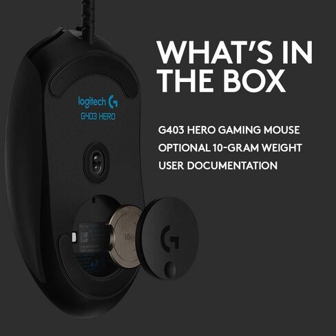Logitech G403 Hero 25K Gaming Mouse, Lightsync RGB, Lightweight 87G+10G optional, Braided Cable, 25, 600 DPI, Rubber Side Grips, Black, 4.9" x 2.7" x 1.7" in Saudi Arabia