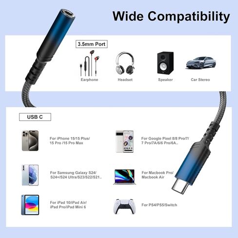 ACAGET USB C to 3.5mm Headphone Adapter, USB Type C Dongle Audio Jack Converter DAC Chip Braided Cable Aux Earbuds Adapter for Samsung S21 S22 Ultra S23 FE S20 Galaxy A53 A54 iPhone 15 Pro Max Black in Kuwait