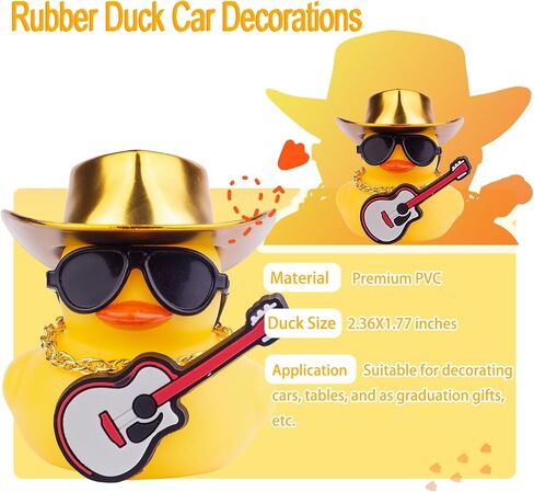 Car Yellow Rubber Duck, Duck Dashboard Decoration with Cowboy Hat Necklace Sunglasses Mini Musical Instrument for Car Dashboard Decorations (Blue-Hat) in Saudi Arabia