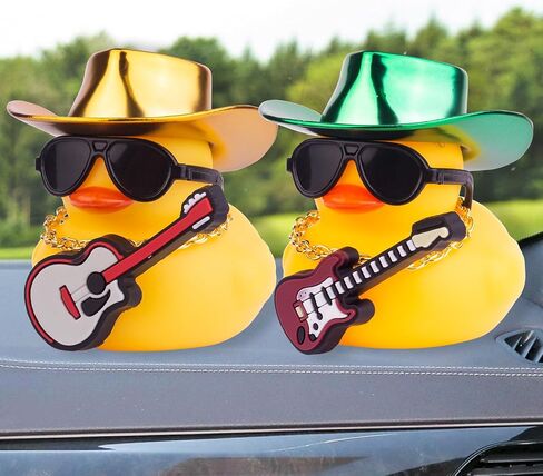 Car Yellow Rubber Duck, Duck Dashboard Decoration with Cowboy Hat Necklace Sunglasses Mini Musical Instrument for Car Dashboard Decorations (Blue-Hat) in Saudi Arabia