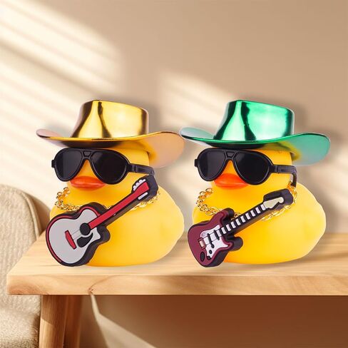 Car Yellow Rubber Duck, Duck Dashboard Decoration with Cowboy Hat Necklace Sunglasses Mini Musical Instrument for Car Dashboard Decorations (Blue-Hat) in Saudi Arabia