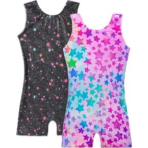 TENVDA Girls Leotards for Gymnastics Size 8 9 Years Old Black Hot Pink Stars Sparkly Print Sleeveless Tumbling Biketard Unitard