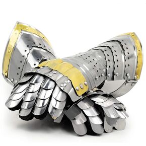 Nagina International Medieval Warrior Steel Gothic Knight Style Warrior Functional Gloves & Gauntlets | Brass Accent