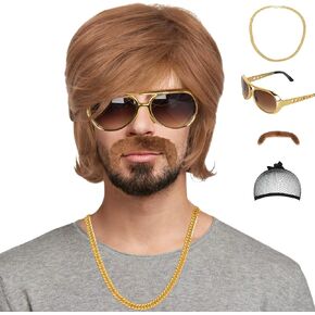 شعر مستعار Miss U Hair 70s 80s للرجال بطول الكتف شعر مستعار بني مجعد شعر مستعار للحفلات مع نظارات شارب قلادة in Kuwait