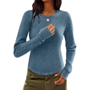 Womens Waffle Knit Tops Thermal Long Sleeve Shirts Fitted Crewneck Fall Winter Tops 2024