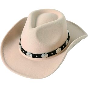 Lanzom Women Men Felt Wide Brim Western Cowboy Hats Belt Buckle Panama Hat