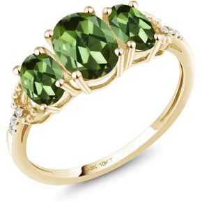 Gem Stone King 10K Yellow Gold Oval Green Tourmaline and Diamond 3 Stone Engagement Ring For Women (1.72 Cttw, Available In Size 5, 6, 7, 8, 9)