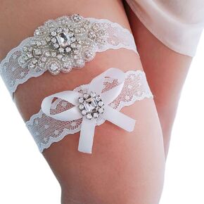 JWICOS Wedding Garters for Bride White Lace Bridal Garter Crystal Rhinestone Leg Garter Set Bridal Accessories for Wedding (Pack of 2)