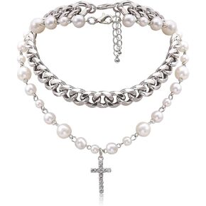Pearl Cross Necklace for Women Silver Layered Crystal Cross Pendant Punk Chain Choker Necklace Dainty Jewelry