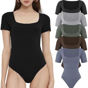 CE' CERDR Women’s 5 Pack Short Sleeve Bodysuits Square Neck T-shirt Basic Casual Tops Body suit