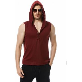 Linen Shirts for Men Sleeveless Tshirts Hoodie Cotton Linen Henley Shirt Tank Top Casual Beach Hippie Vest with Hood