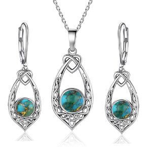 Yaresul Celtic Knot Turquoise Earrings Necklace for Women, Vintage 925 Sterling Silver Dangle Leverback Earrings Pendant Necklace