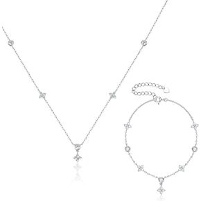 Little Forest Moissanite Jewelry Set for Women, 925 Sterling Silver Diamond Necklace and Bracelet Hypoallergenic D-E Color Moissanite 18K White Gold Plated Jewelrys Christmas Gifts