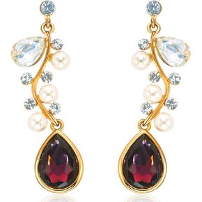 Artie Aura Classic Gold Chandelier Teardrop Earrings - Purple Gem with Imitation Pearls and Stone Dangle Earring - Sophisticated Fashion Statement Jewelry