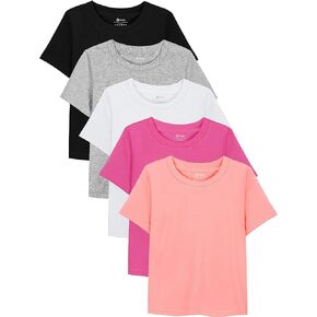 Poroka 5 Pack Girls Short Sleeve T Shirts Girl Cotton Shirts Basic Tees Soft Summer Tops with Crew Neck