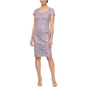 Alex Evenings Women's Short Sleeve Embroidered Cocktail Dress with Square Neckline