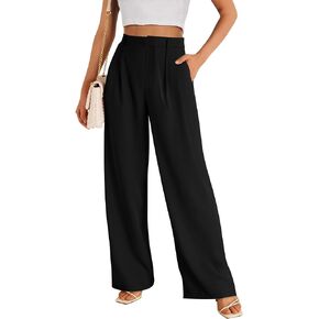 KIRUNDO Women's Elastic High Waisted Wide Leg Dress Pants Loose Fit Pleated Front Business Casual Work Pants Trousers