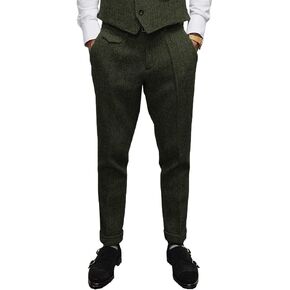 Mens Pants Herringbone Vintage Dress Pant Hemmed Pleated Suit Pants