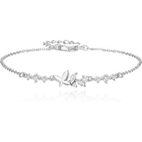 EleQueen Silver/Rose Gold/14K Gold Plated Round Cubic Zirconia Butterfly Charm Adjustable Link Bracelet for Women Teen Girls Brithday