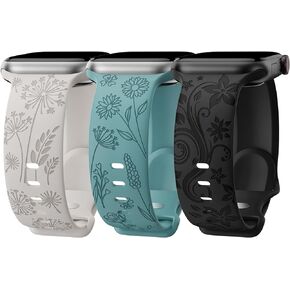 3 Pack Floral Engraved Bands Compatible with Apple Watch Band for Women 38mm 40mm 41mm 42mm 44mm 45mm 49mm, Cute Flower Laser Pattern Soft Silicone Strap for iWatch Series Ultra SE 9 8 7 6 5 4 3 2 1