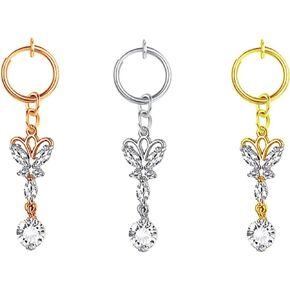 COLORFUL BLING Fake Clip on Fake Belly Button Rings Set,CZ Moon Star Butterfly Pendant Dangle Navel Rings Surgical Steel Crystal Non Belly Body Piercings Jewelry