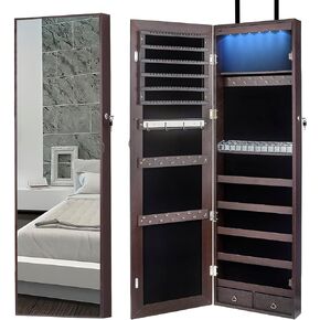 47" H Jewelry Armoire Full Length Mirror Cabinet Storage Organizer w/LED Light Wall-Mounted/Door-Hanging Lockable for Bedroom Makeups Brown