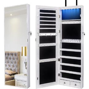 47" H Jewelry Armoire Full Length Mirror Cabinet Storage Organizer w/LED Light Wall-Mounted/Door-Hanging Lockable for Bedroom Makeups Brown