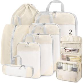 Compression Packing Cubes for Travel 8 Set Travel Organizer Bags Compression Cubes Bags Suitcase Packing Organizer Luggage Organizer Bags with Toiletries Bag and Shoe Bag Travel Essentials Beige