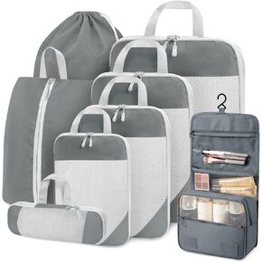 Compression Packing Cubes for Travel 8 Set Travel Organizer Bags Compression Cubes Bags Suitcase Packing Organizer Luggage Organizer Bags with Toiletries Bag and Shoe Bag Travel Essentials Beige