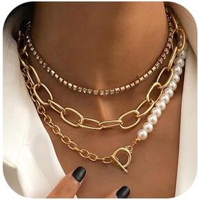 fxmimior Women Multilayer Silver Gold Dainty Pearls Layered Choker Necklaces Handmade Beads Fashion Chunky Pendant Multilayer Adjustable Layering Chain Gold Plated Necklaces Set for Women Girls