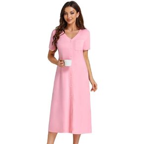 LYANER Women's V Neck Short Sleeve Button Down Nightgowns Sleepshirt Pajama Dress