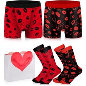 Cozypower 5 Pcs Valentine's Day Gift Boxer Briefs Socks Set Heart Boxers Mens Valentines Day Underwear Lipstick Kisses over Boxer Briefs with Gift Bag for Men