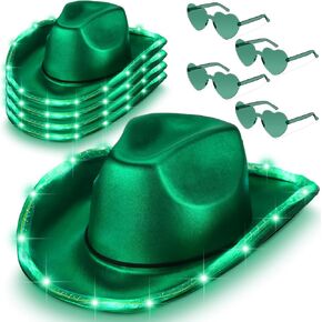 Zhanmai 8 Pieces Cowboy Hat LED Light Up Hat and Heart Sunglasses Sparkly Space Cowgirl Hat for Women Girls Halloween Costume