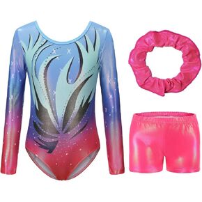 Hotfiary Leotards for Girls Gymnastics Kids Sparkly Gymnastics Outfits with Shorts Long Sleeve Ballet Dance Unitard Biketards