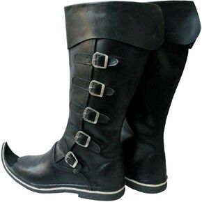 AnNafi 5 Buckle Medieval Leather Boots | Renaissance Inspired Loafer Boot | Halloween Caribbean Pirate Costume Boots | Cowboy Boots (Large, Black