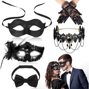 Vinsatin 5 Pcs Masquerade Mask Set Include 2 Masquerade Masks for Couples 1 Lace Choker Necklace, 1 Black Bow Tie and 1 Pair Gloves for Venetian Party Cosplay Dress up Mardi Gras Accessories