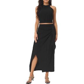 Women's Two Piece Summer Outfits Crewneck Tank Tops Split Bodycon Midi Skirt Set Sleeveless Solid Suiting