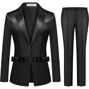 Women's 2 Piece Satin Suit Double Side Bows One Button Peaked Lapel Outfits Party Wedding Blazer Jackets and Pants Set