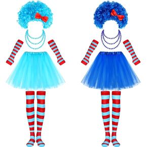 XunYee 10 Pcs Blue Costume Accessories Set With Tutus Skirts Wig Thigh High Striped Socks Arm Warmers Bead Necklace