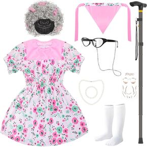 HOMSHIAM 10PCS Set Old Lady Costume for Kids, 100th Day of School Grandma Costume Accessories Granny Dress up Cosplay Accessories with Wig Glasses Artificial Pearl Necklace Tattoo Sticker