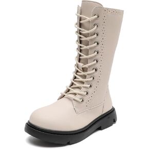 kkdom Boys Girls Leather Waterproof Lace Up Side Zipper Mid Calf Combat Riding Winter Boots (Toddler/Little Kid/Big Kid)