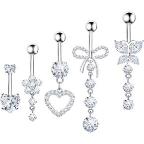 Belly Button Ring Dangle Navel Belly Piercing Jewelry Cute Pink CZ Heart Butterfly Bow Flower Navel Belly Rings for Women 14G Silver Stainless Steel Dainty Dangly Dangling Belly Button Piercing