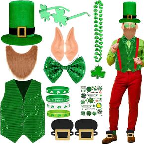 13 قطعة من زي عيد القديس باتريك، قبعة القديس باتريك ليبرشاون، زي الجني مع اللحية والترتر وربطة عنق على شكل فيونكة وأذن الجني وقلادة وأساور وشم مؤقت للنساء والرجال in Kuwait