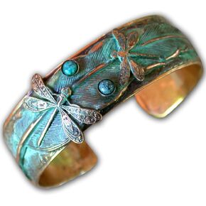 Verdigris Patina Wearable Art Dragonflies on Feather Cuff - USA Made - Turquoise