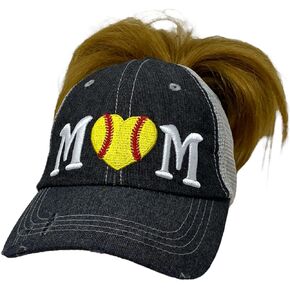 Cocomo Soul Womens Softball Mom Hat | Softball Mom Messy BUN HIGH Ponytail Hat | Softball Mom Cap 307 Dark Grey