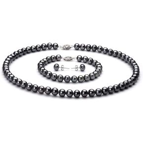 Black 6-7mm AA Quality Freshwater 925 Sterling Silver Cultured Pearl Set For Women