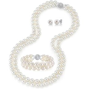 The Pearl Source 14K Gold AAAA Quality Round White Freshwater Cultured Pearl Double Strand Necklace, Bracelet & Earrings Set in 17-18" Princess Length for Women