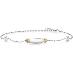 Gem Stone King 925 Silver and 10K Yellow Gold Personalized Customized Sky Blue Aquamarine and Lab Diamond Lazer Engraved Initial ID Name Anklet Bracelet For Women (0.52 Cttw, 8 Inch + 2 Inch Extender)