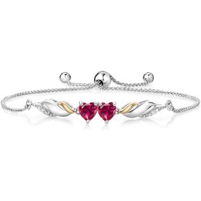 Gem Stone King 925 Sterling Silver and 10K Yellow Gold Red Created Ruby and White Lab Grown Diamond Tennis Bracelet For Women (1.22 Cttw, Heart Shape 5MM, Fully Adjustable Up to 9 Inch)